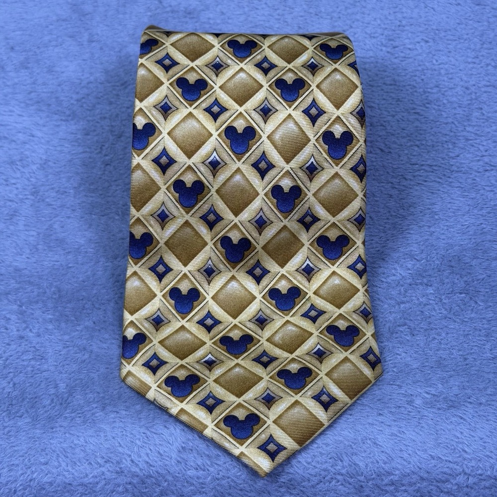 Walt Disney World Tie Mens Gold Mickey Mouse Diamond Geometric Silk 58"